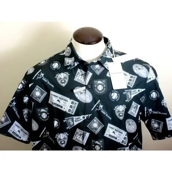 Tommy Bahama Men's SS Big Hitter Baseball Button Up Shirt Black Grey NWT - Picture 2 of 8